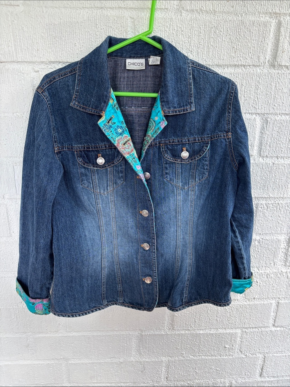 Chico's Asian Satin Print Dark Blue Denim Jacket with Teal Accent sz M
